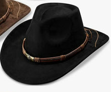 Load image into Gallery viewer, Black cowboy hat with brown leather band 
