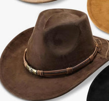 Load image into Gallery viewer, Dark Brown suede cowboy hat with decorative band 
