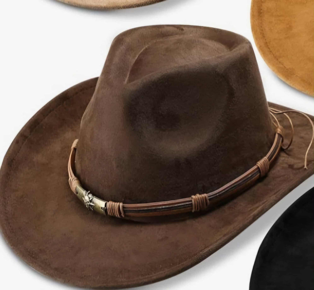 Dark Brown suede cowboy hat with decorative band 