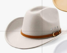 Load image into Gallery viewer, Off White cowboy hat with a brown leather band 
