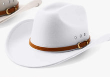 Load image into Gallery viewer, White cowboy hat with a brown band 
